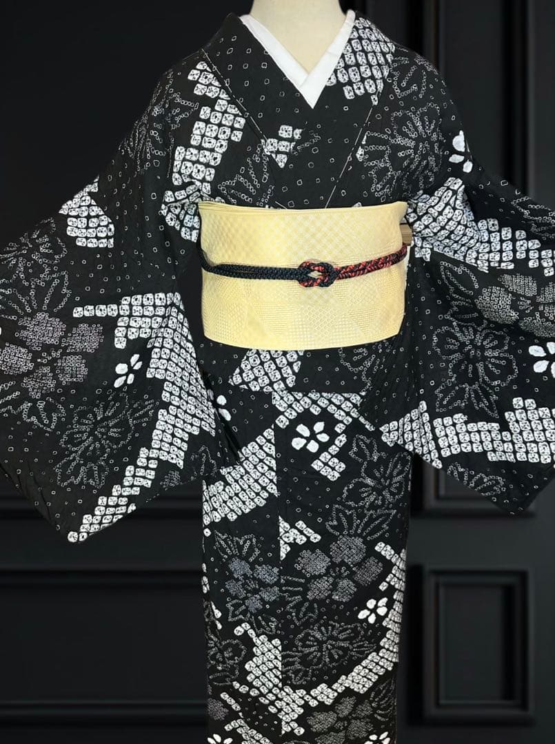 新品美品✨希少トールサイズ　有松鳴海絞り浴衣　黒