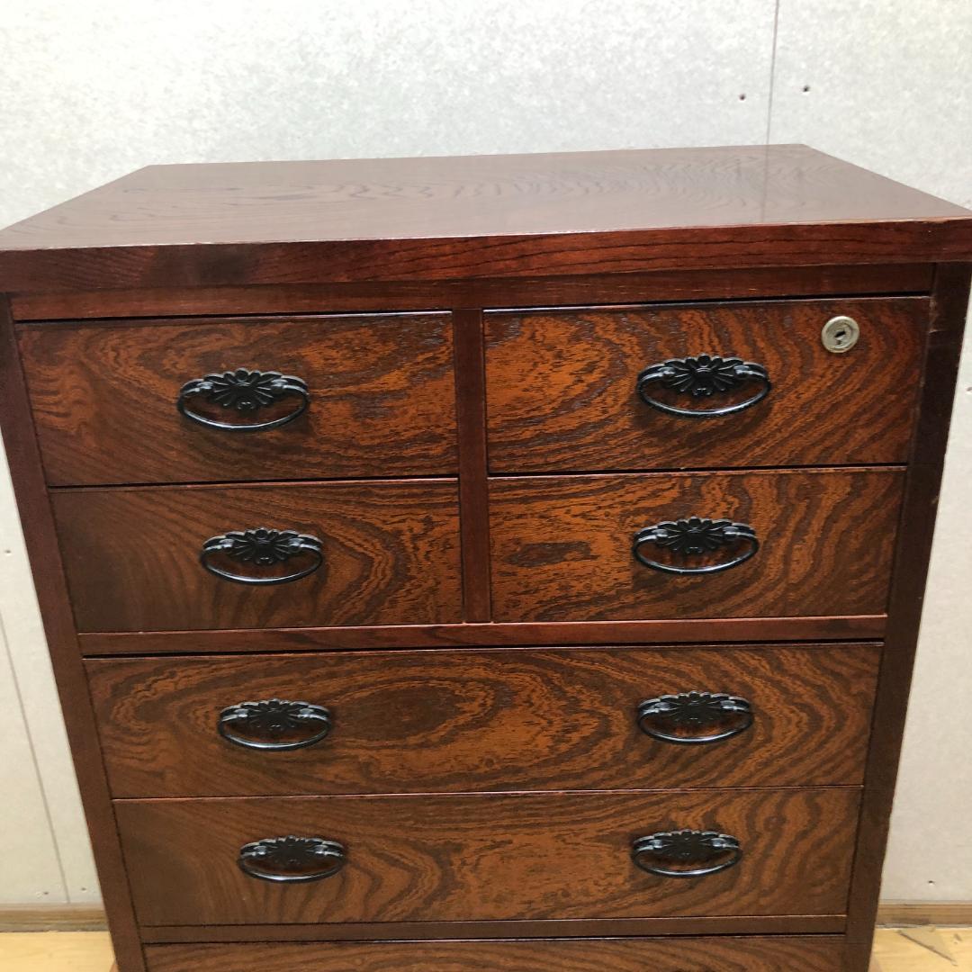 送料無料 和風民芸調 整理タンス 鍵付きチェスト 天然木 木目 250720-