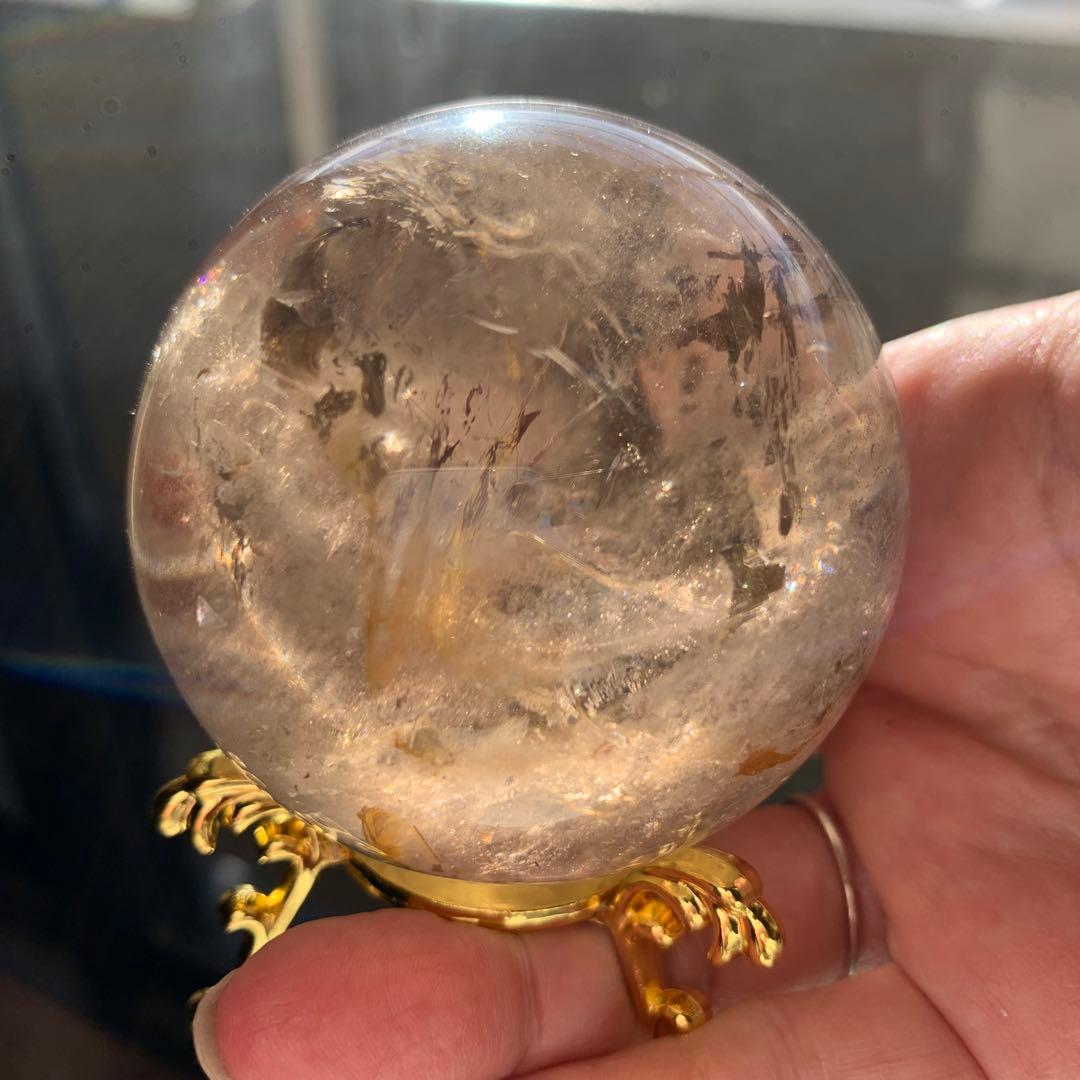 レア！ゼウスストーン　ゴールデンヒーラ−共生スフィア　虹有り　天然石置物　丸玉