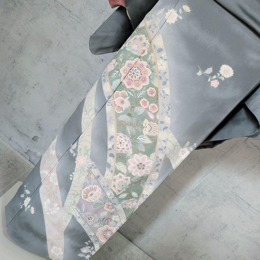 訪問着　フルセット　着物　正絹　トールサイズ　金彩加工　花　グレー地　O7