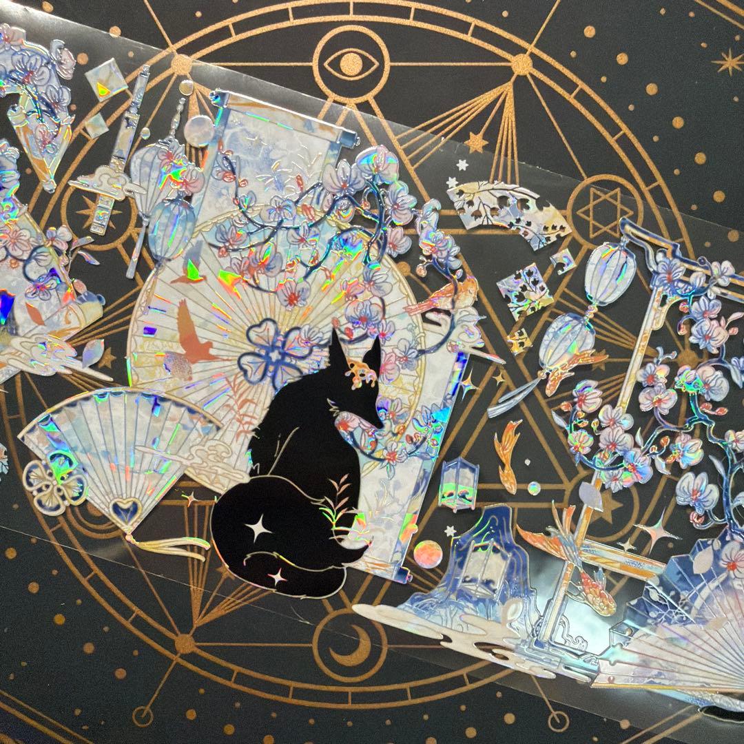 【8951】海外　マステ　中古巻　貝殻光マスキングテープ　狐　青　装飾系