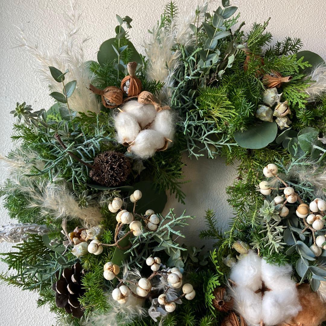 30㎝　雪降る森のクリスマスリース　コットン　フレッシュ針葉樹　ナンキンハゼ