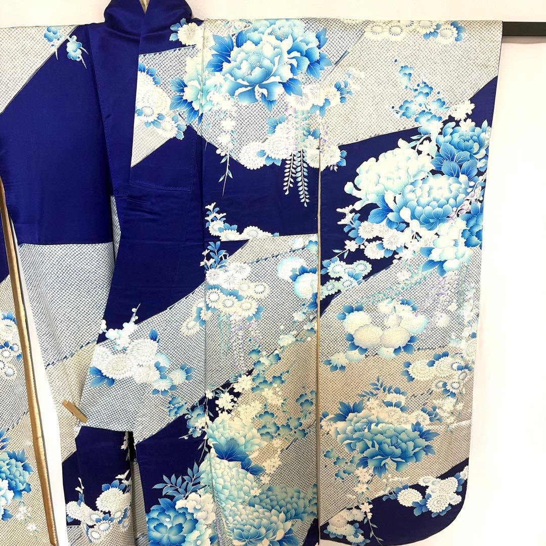 5k3200 振袖　正絹　袷　大振袖　青　白　銀色　花柄　和装　着物
