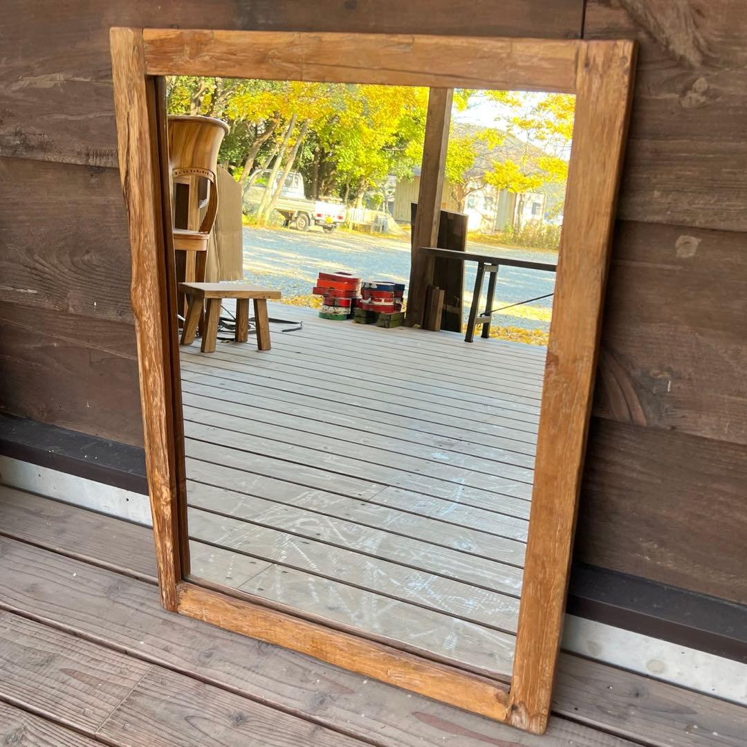 一点物 オールドチーク材の壁掛け鏡 80cm × 60cm 木製フレーム 無垢材