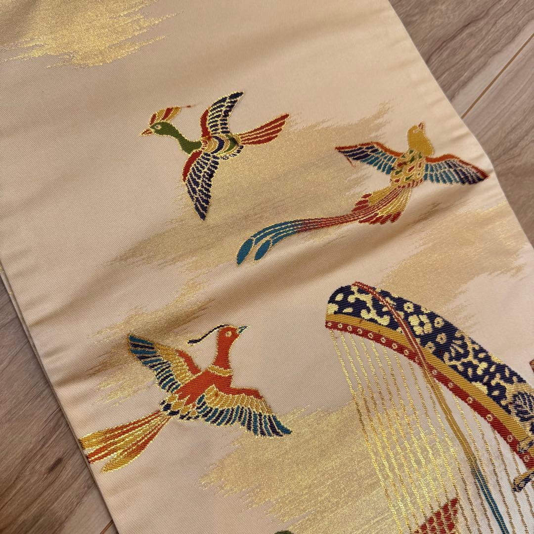 美品　正絹　六通　袋帯　着物　龍村晋　落款 427 橙色　月琴　箜篌　雅楽　金糸