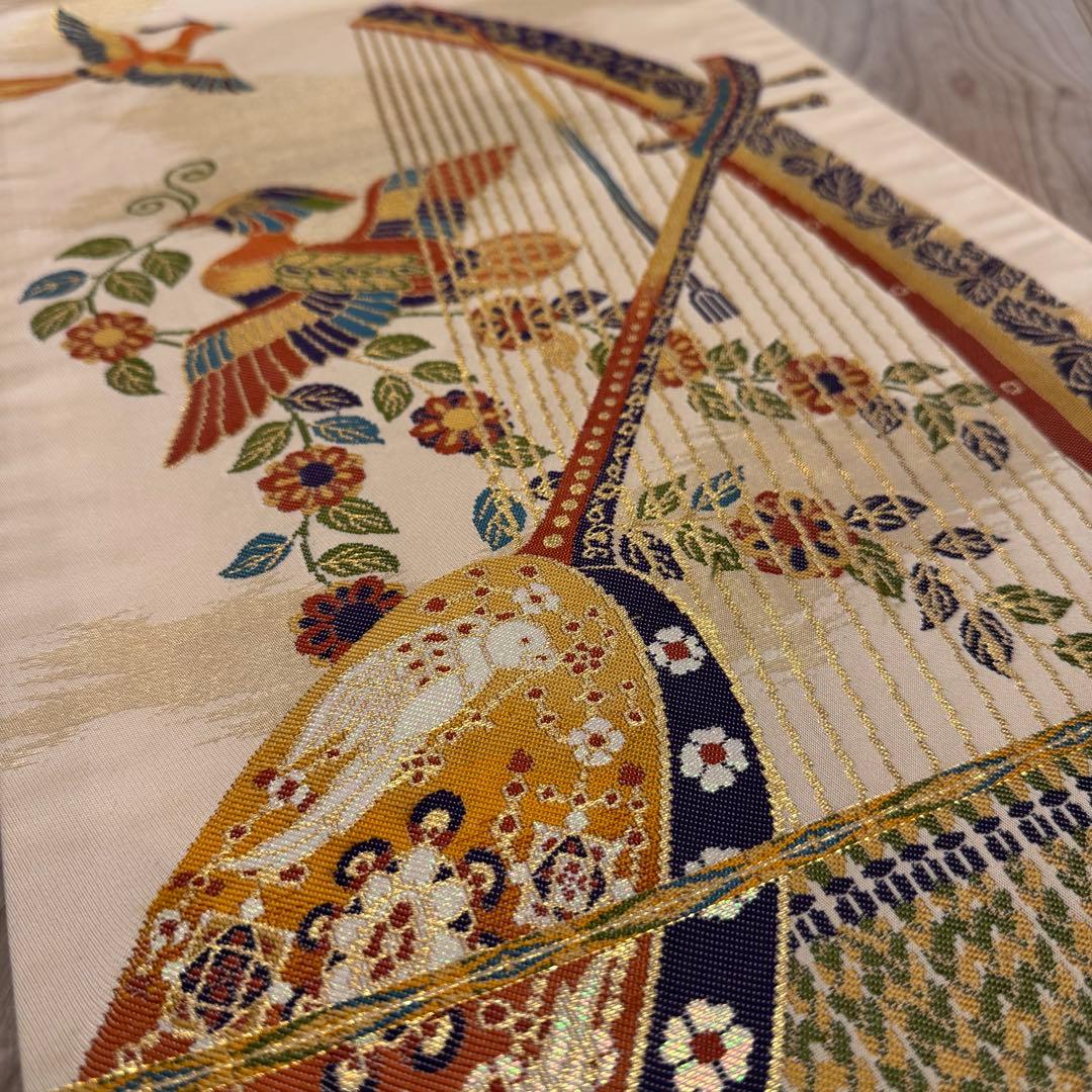 美品　正絹　六通　袋帯　着物　龍村晋　落款 427 橙色　月琴　箜篌　雅楽　金糸