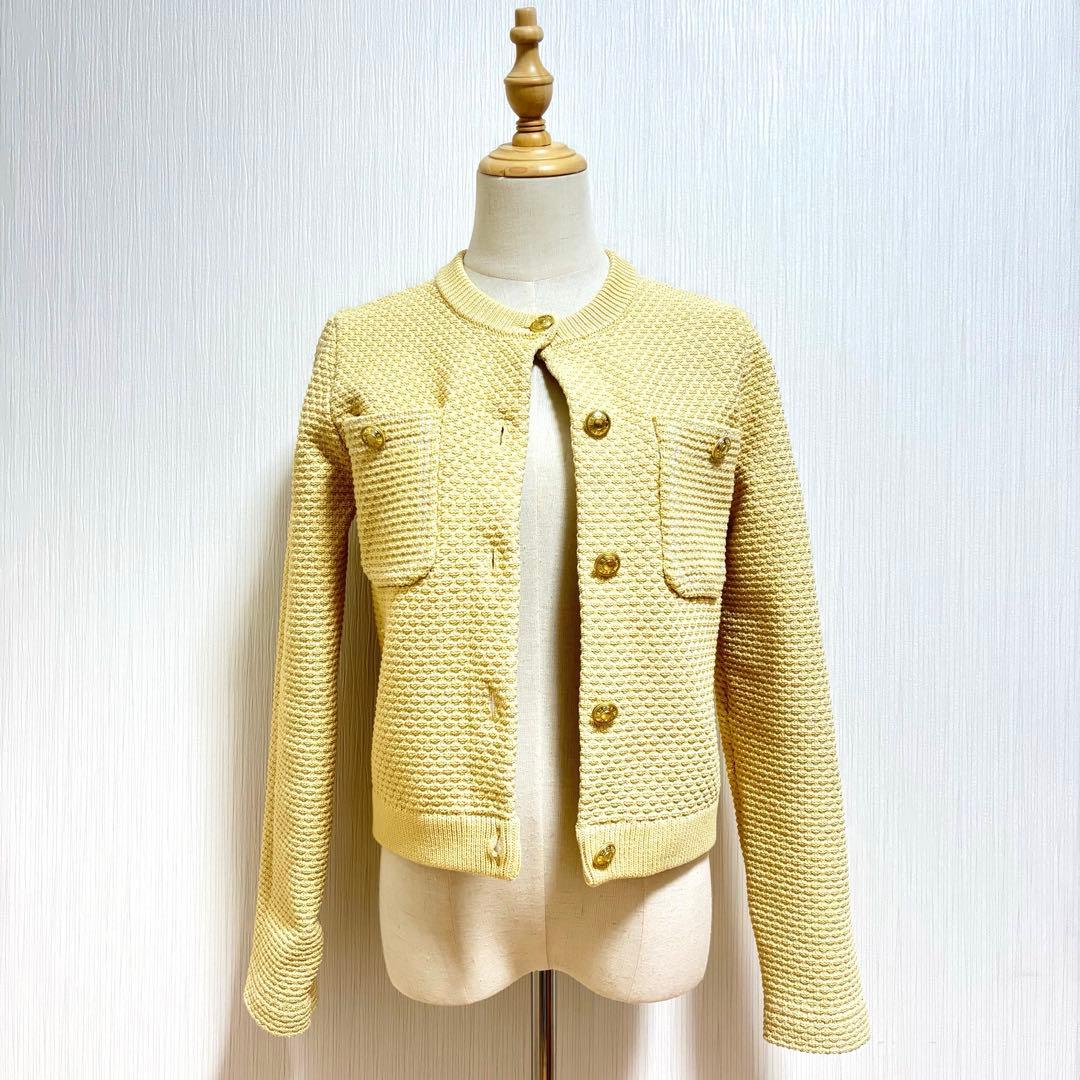 【美品】anuans ノーカラーニットジャケット イエロー M