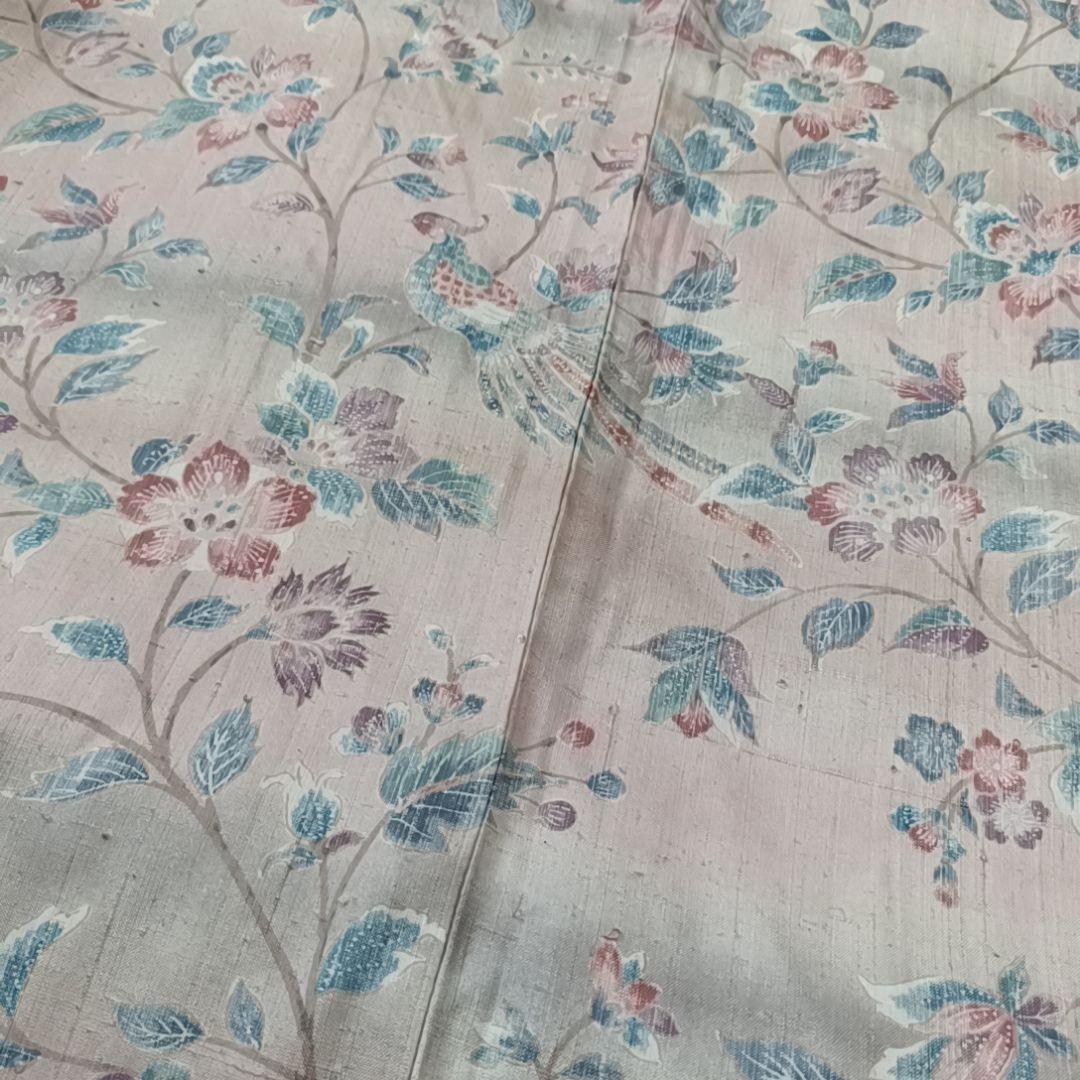 て*。様 ☆24 えっと 紬 単衣 ピンク 鳥 木々 花唐草