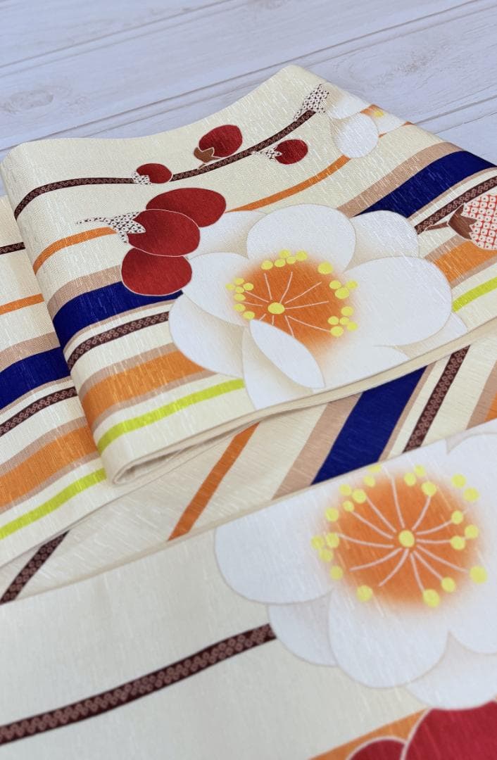 帯７　WA.KKA　梅の花・枝とおみくじ京袋帯　アイボリー系　約３７６×３１