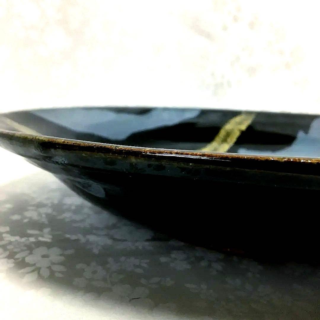 花器　有田焼　黒×金色　水盤 　華道