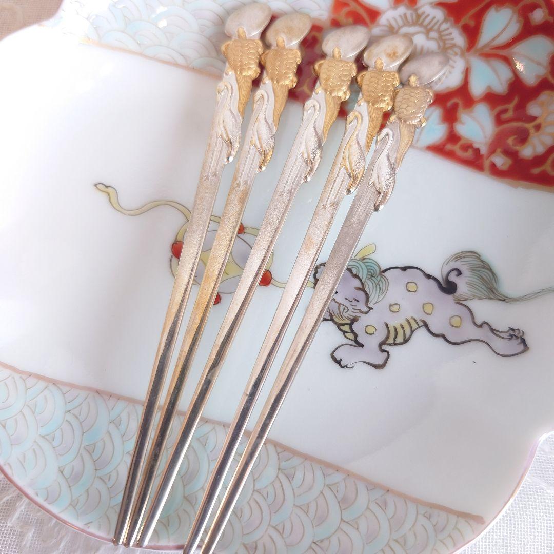 鶴亀　菓子楊枝　銀製　純銀　5本組　27.6g