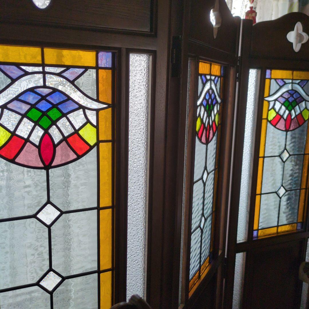 ステンドグラス 木製パーテーション 三つ折り