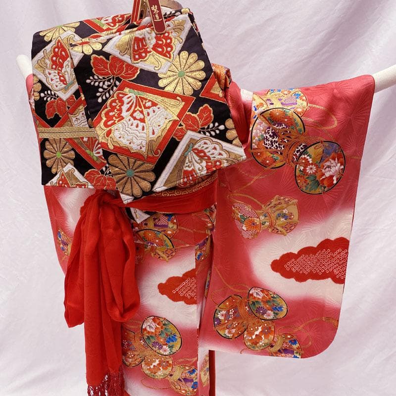 501ag31◎七五三 七歳 女児 着物&丸帯 小紋柄 部分絞り染め 鼓◎美品