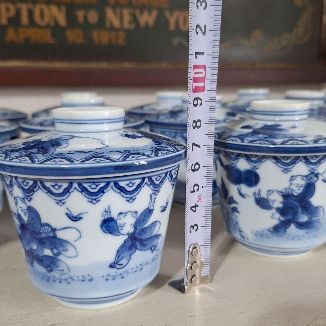 有田焼　鍋島焼　華山　茶碗蒸し椀　陶器　藍色染　付三人唐子柄　ヴィンテージ