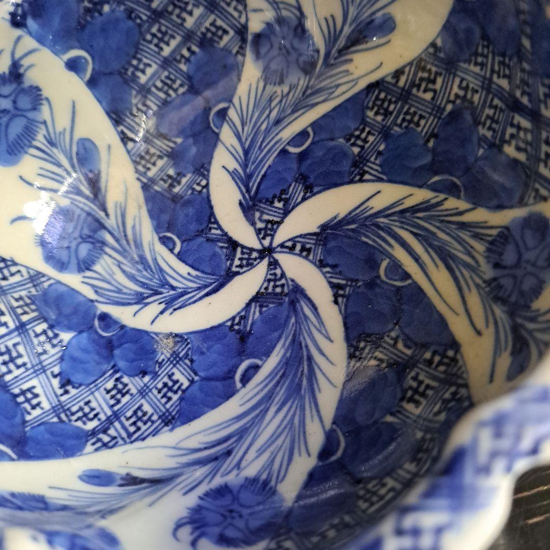 江戸中期　島津献上品　極上　肥前官調蔵製品　輪花　向付鉢　矢車草　染付青磁