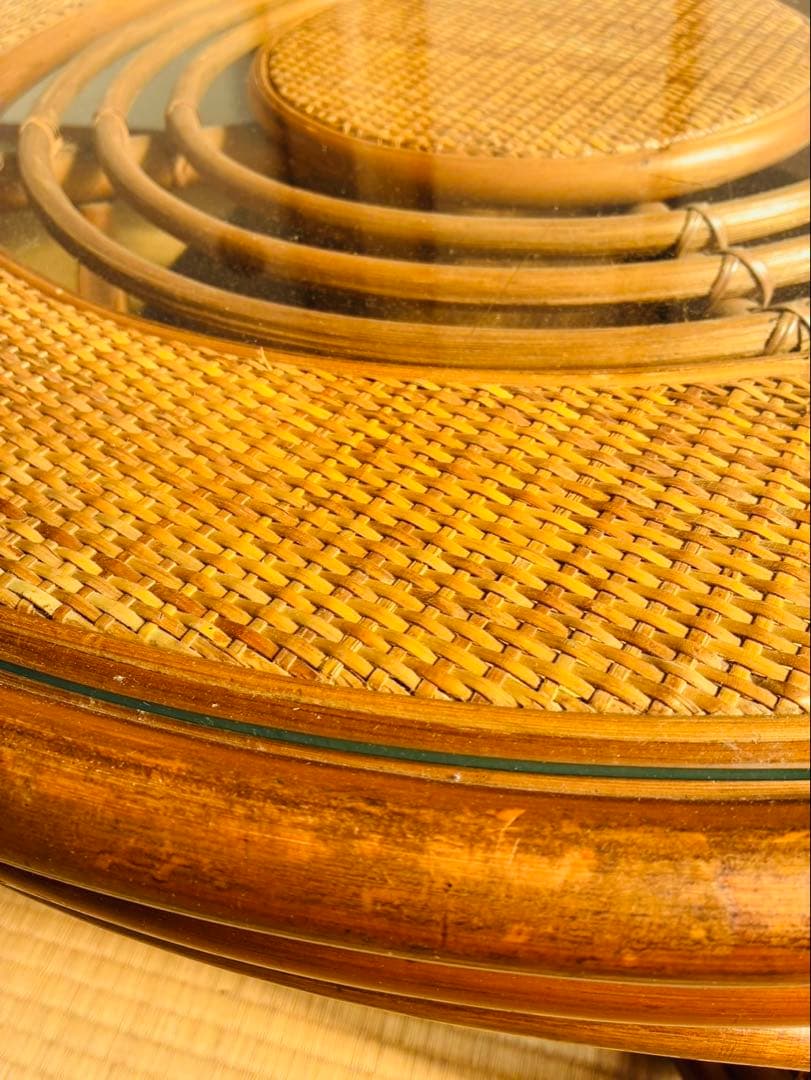 籐家具 ラタンラウンドローテーブル 籐素材 円卓 座卓 机 ラタン 昭和レトロ