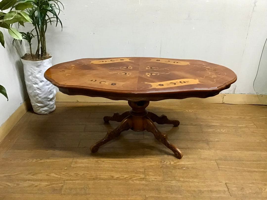 管289☆イタリア製☆アンティーク☆象嵌細工☆センターテーブル☆天板ガラス付き