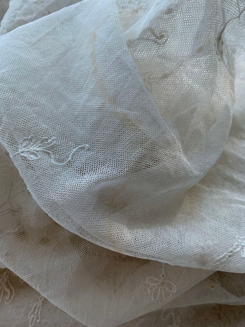 フランスアンティークコーネリー刺繍チュールレースロングカーテン※古色ホワイト
