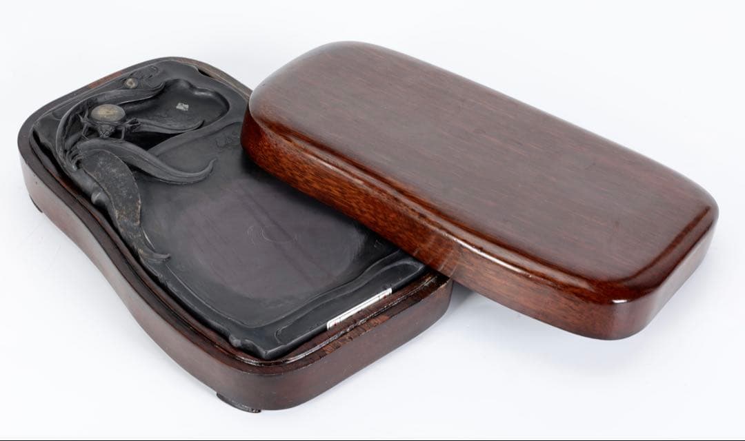 時代物 端渓硯 坑仔岩 蜘蛛紋竹形硯 唐木箱付 書道具 文房四宝 古美術 骨董品