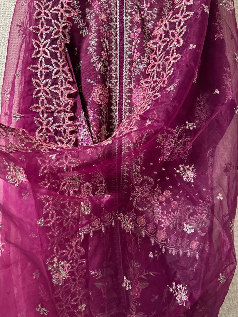 [B-23]プラムボルドー✨シルク刺繍クルタ×フレアチューリップパンツ3点セット