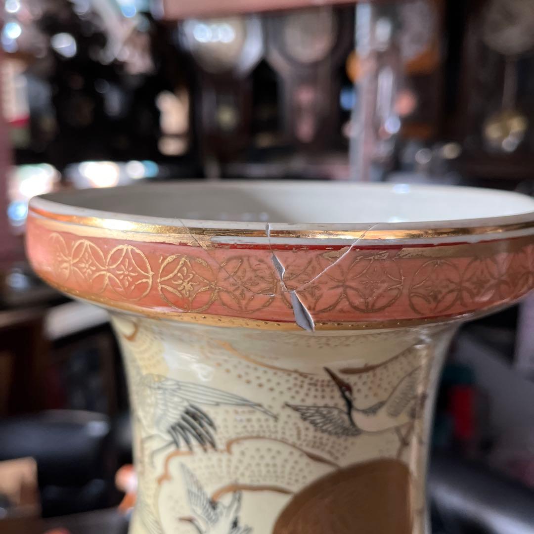 薩摩焼 、金襴手 郡鶴花鳥図花瓶 約60飾壷 花器 細密絵付 コレクター収蔵品