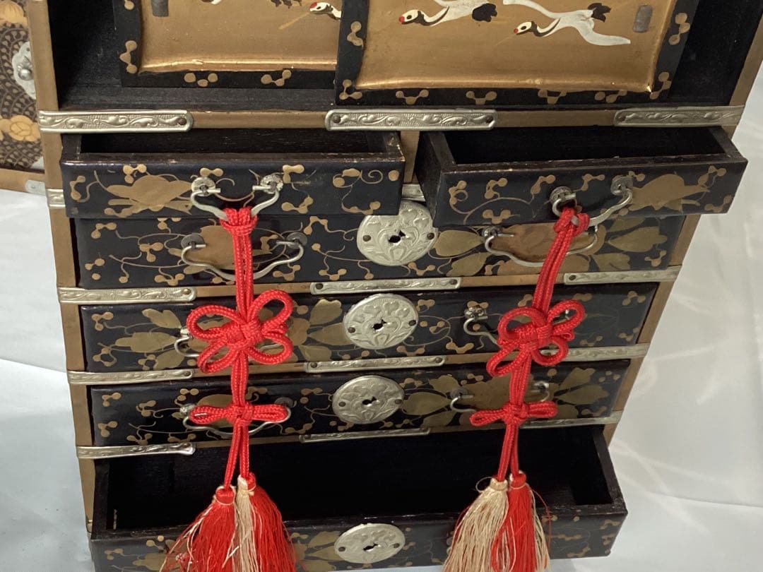 金彩蒔絵ミニチュアお雛道具　アンティーク収納箱セット 大・中・小