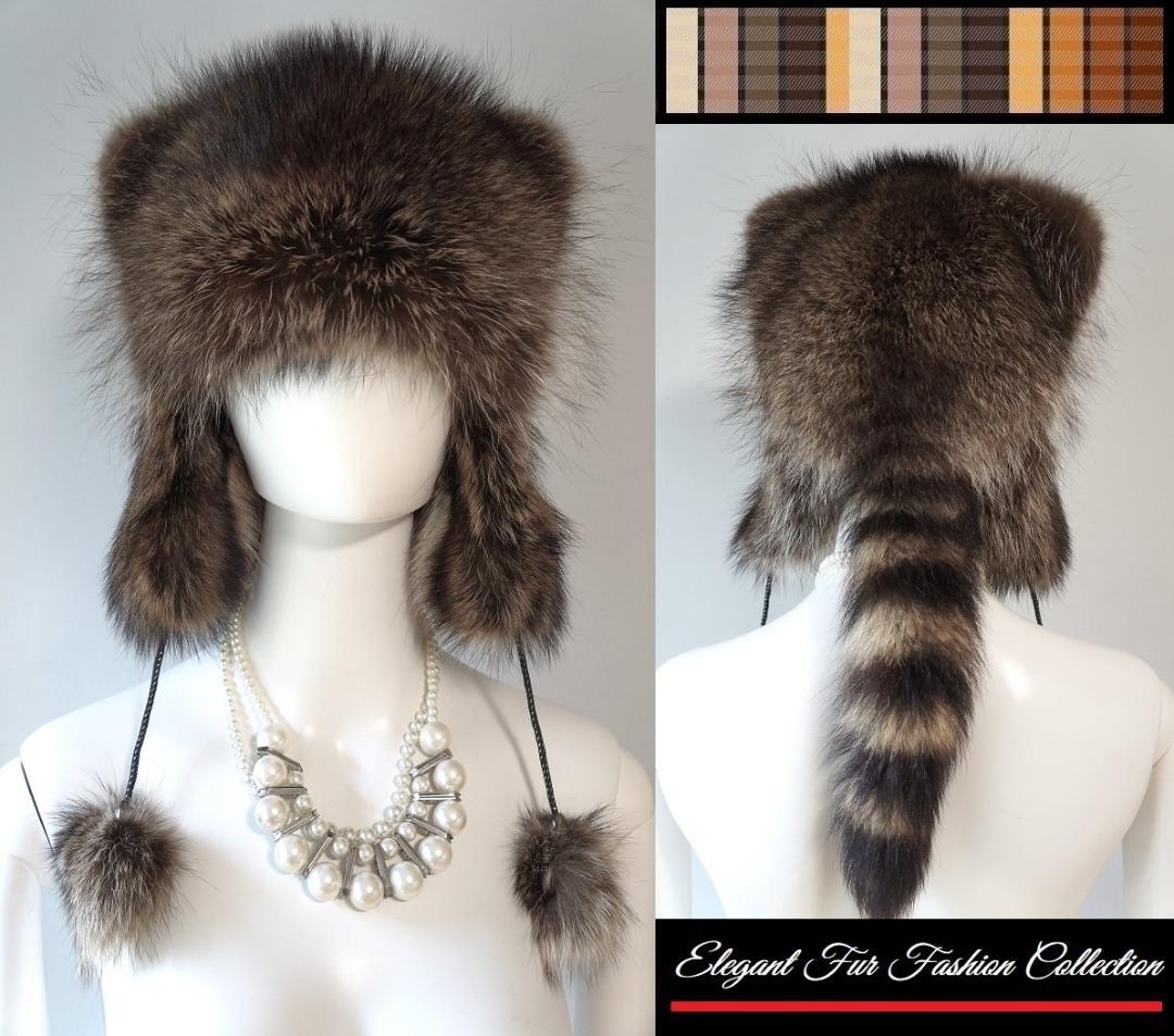 小顔効果ラクーンファークロケットハット新品本物毛皮帽子付け耳暖か防寒防風おしゃれ