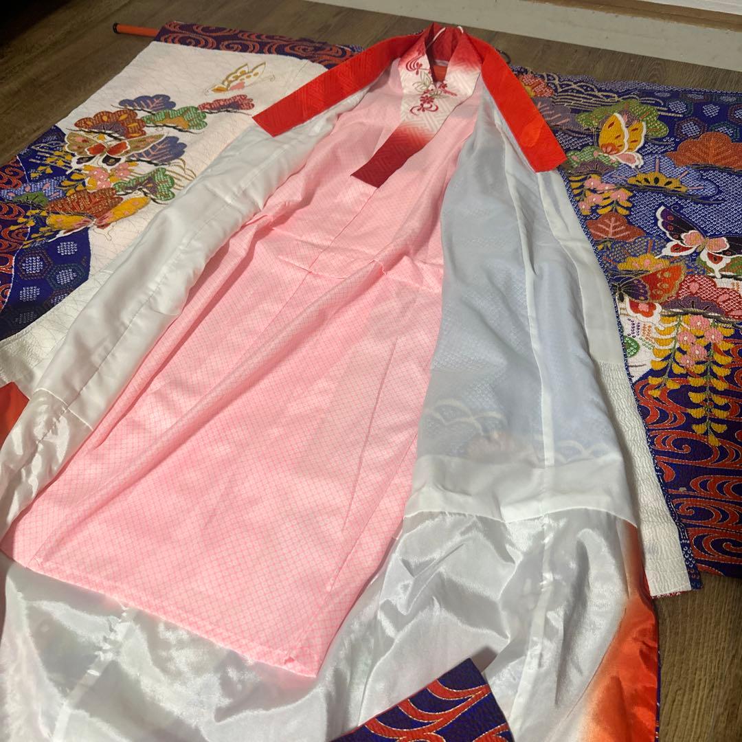 七五三 7才 着物 作り帯 小物セット 中古品 蝶々 絞り柄