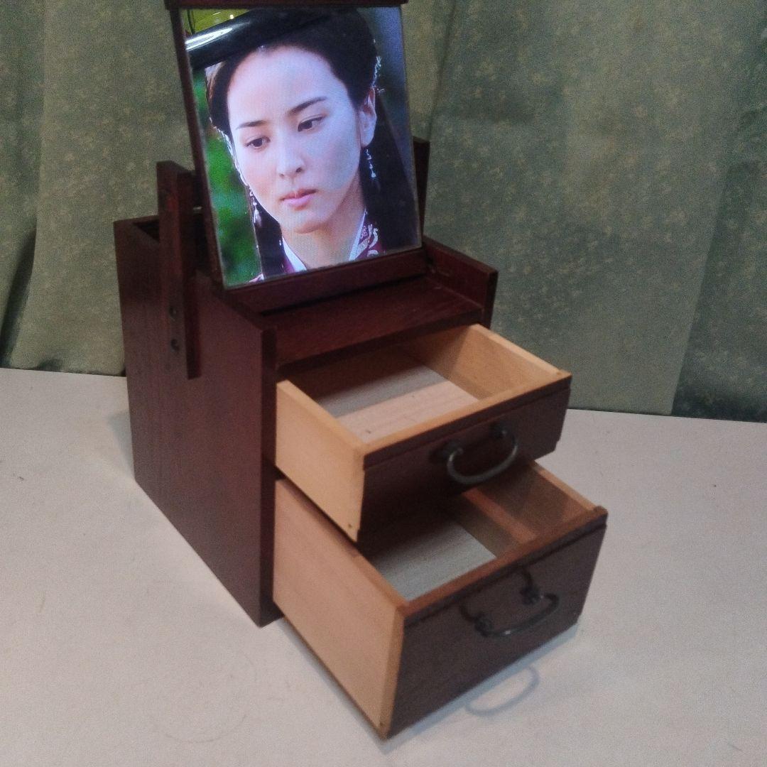 京都古民家より、昭和の鏡付化粧ケース　メイクボックス　木製手提げ