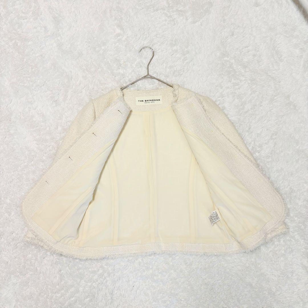 シンゾーン　ツイード　ジャケット　ノーカラー　ホワイト　シルク　入学式