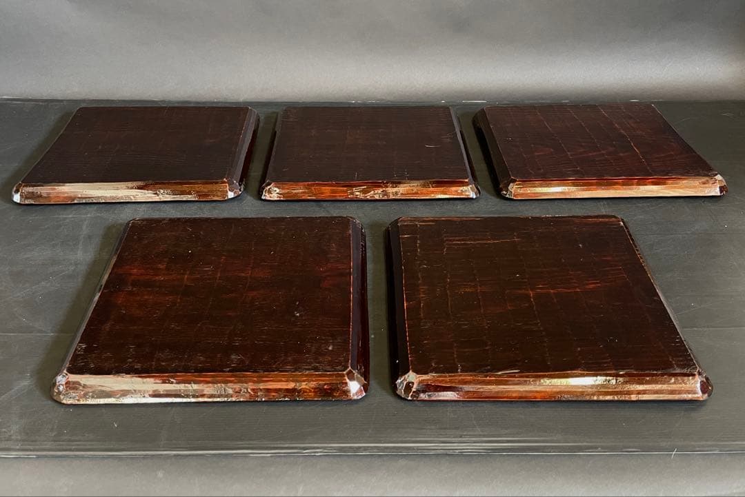 「母」 讃岐彫 四方膳 五客揃い 讃岐膳 讃岐盆 くり抜き （114Ｂ）