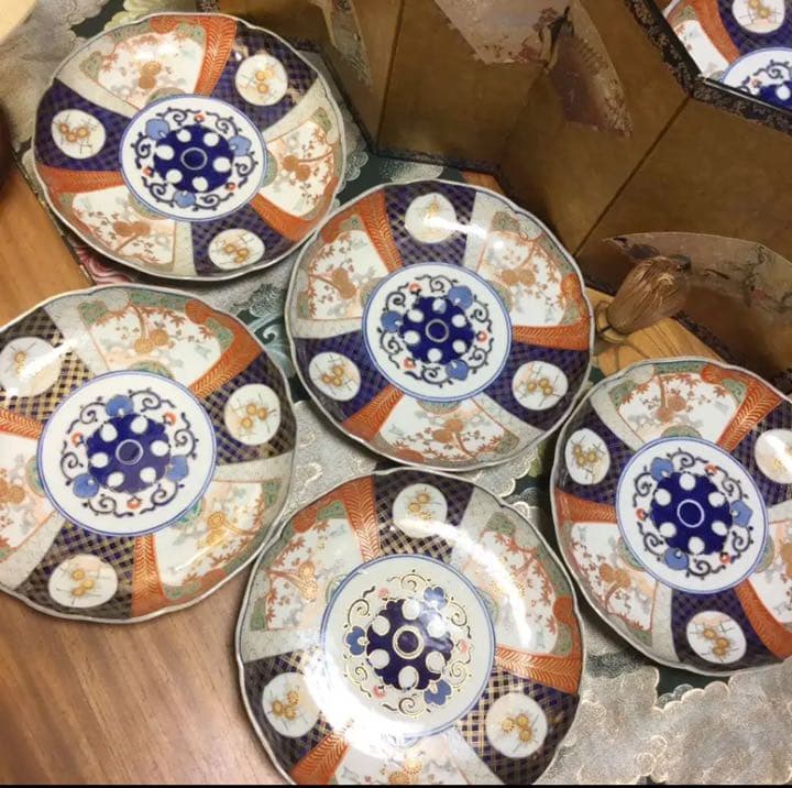 A502 古伊万里　染錦手　見込唐草　窓絵花鳥紋様　8寸皿　　5枚