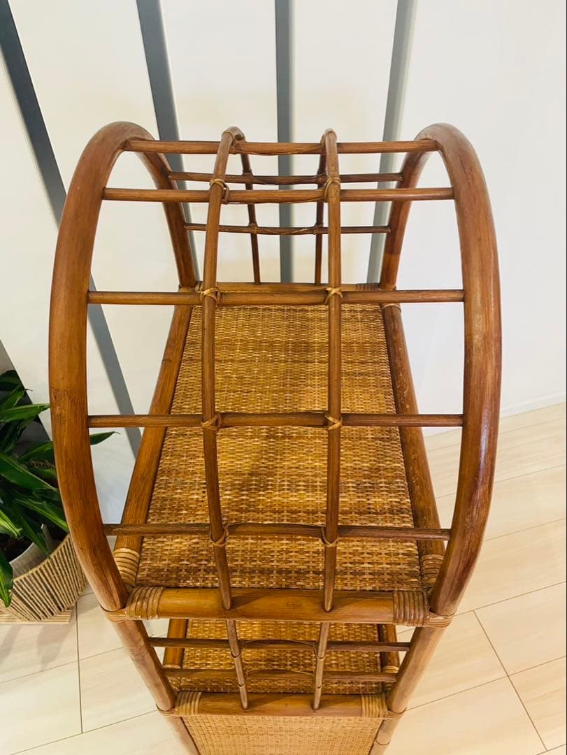 籐ラタン アーチ型シェルフ 棚 ラック 収納 電話台 花台 引き出し ビンテージ