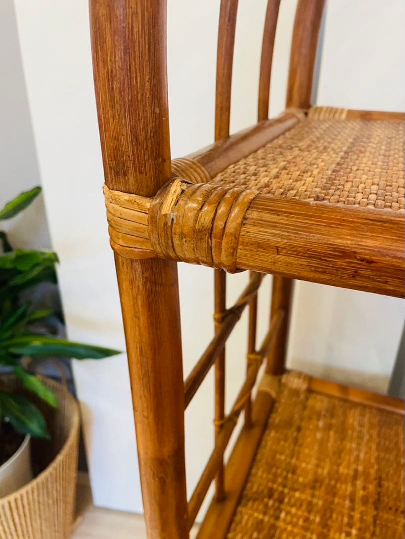 籐ラタン アーチ型シェルフ 棚 ラック 収納 電話台 花台 引き出し ビンテージ