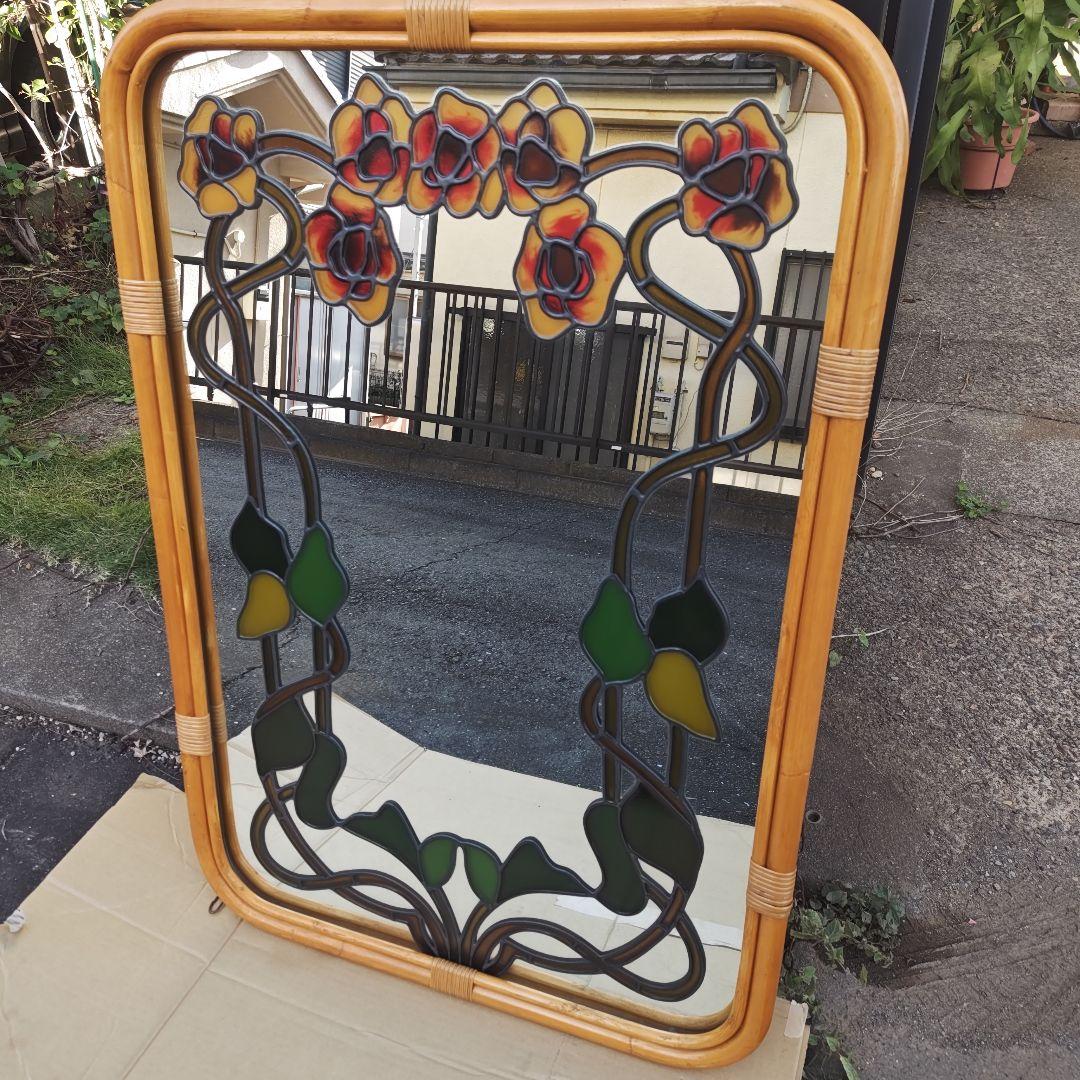 レトロ アールヌーボー様式 ステンドグラス 大型壁掛け鏡 ミラーH96.5㌢