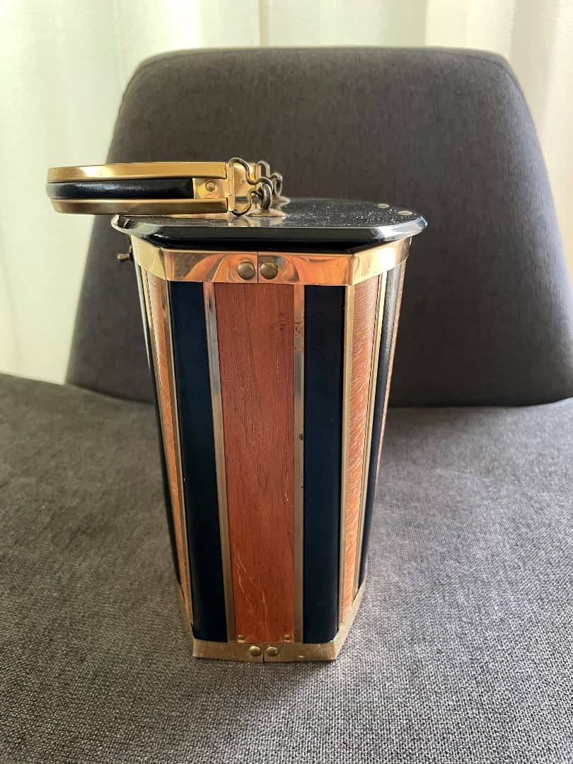 レア ヴィンテージ ストライプデザイン 木製 & レザー バスケット 1950s