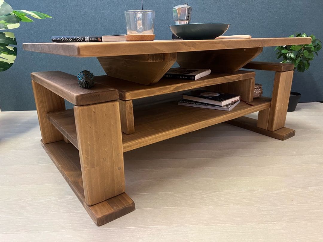 【送料無料】 ローテーブル 木組収納付き 90cm 60cm パイン Dオーク