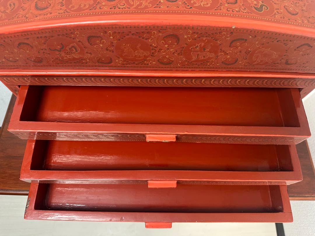 ミャンマー アンティーク 漆器 蒟醤 細密画 収納箱 引き出し 5段 ※31※