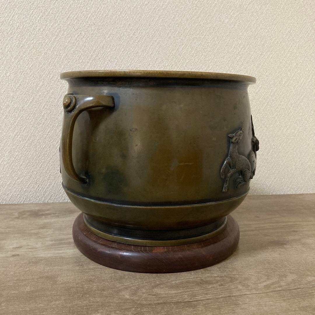 時代銅火鉢　壱対　宣徳火鉢　江戸文政　手炙り　アンティーク　珍品　高肉彫