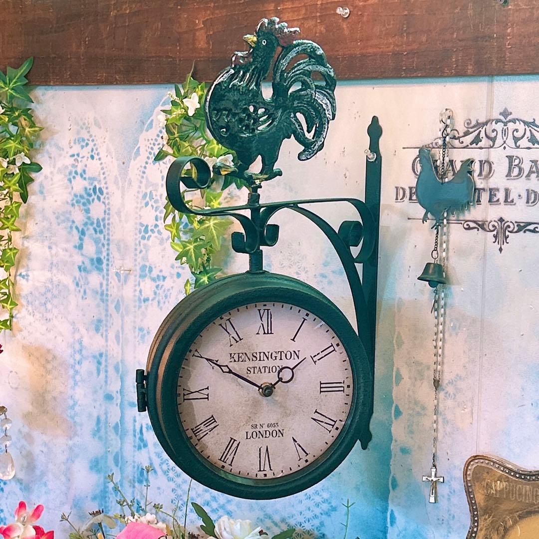 おしゃれな壁掛け時計 アンティーク 風見鶏top 両面時計 艶無しブラック