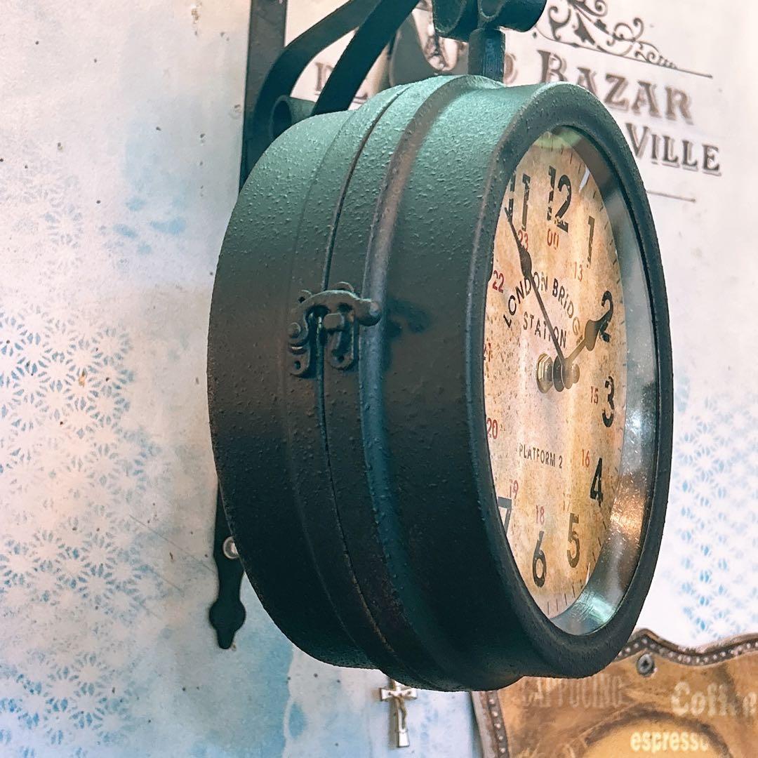 おしゃれな壁掛け時計 アンティーク 風見鶏top 両面時計 艶無しブラック