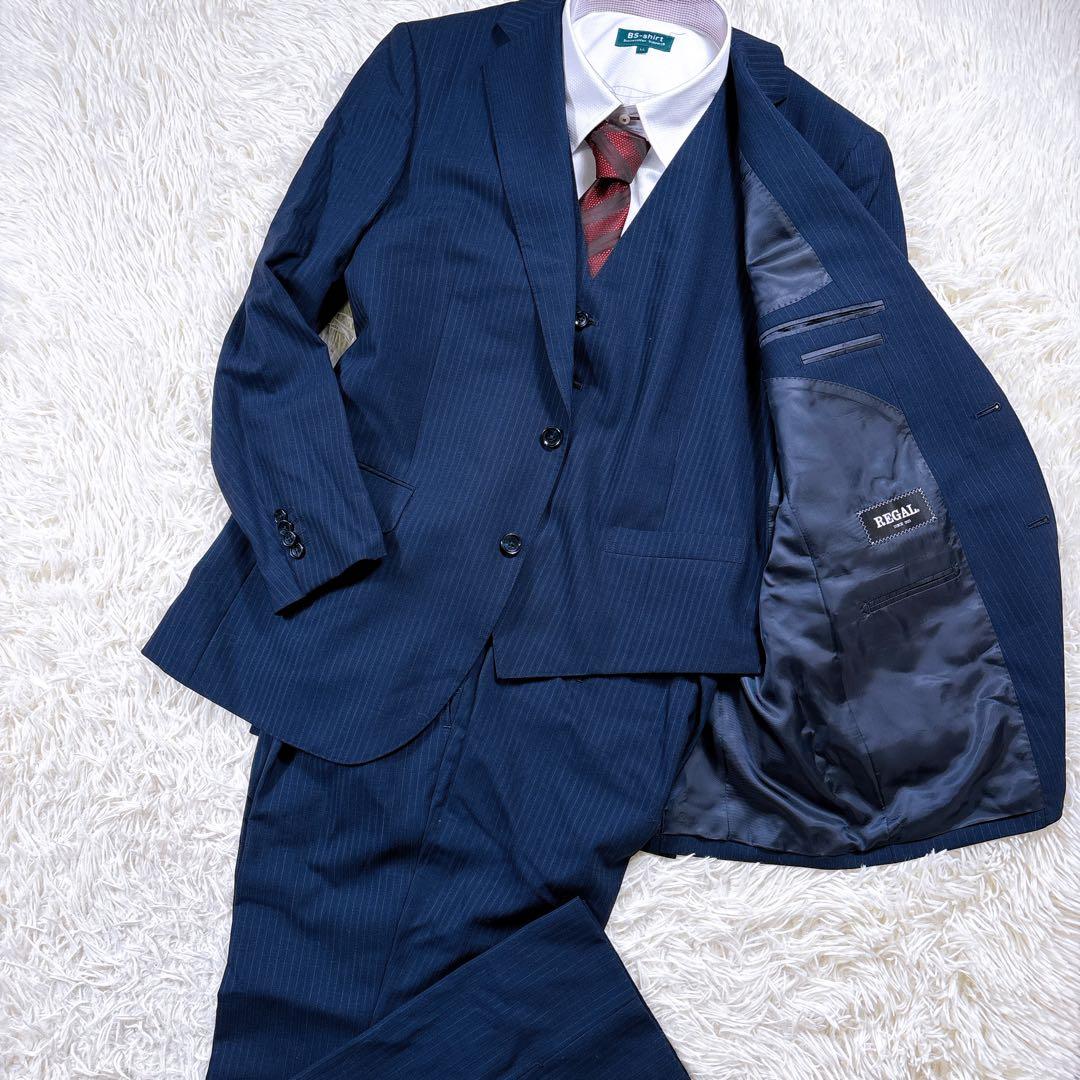 【AB6⭐️美品】リーガル　3ピーススーツセットアップ ストライプ　式　紺