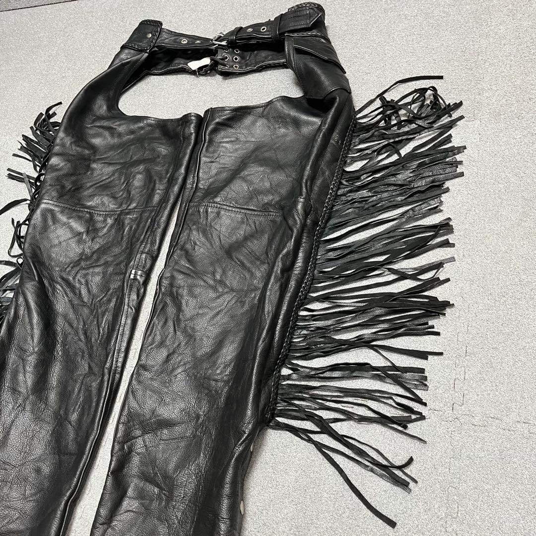 バイカー調 本革ロングフリンジ サイドZIP 裾スナップ S 調整可