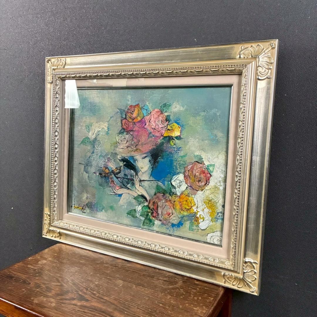 美品 山田幸見「筆と羽根と…」キャンバスに油彩 直筆サイン入 一枚の絵 豪華額装