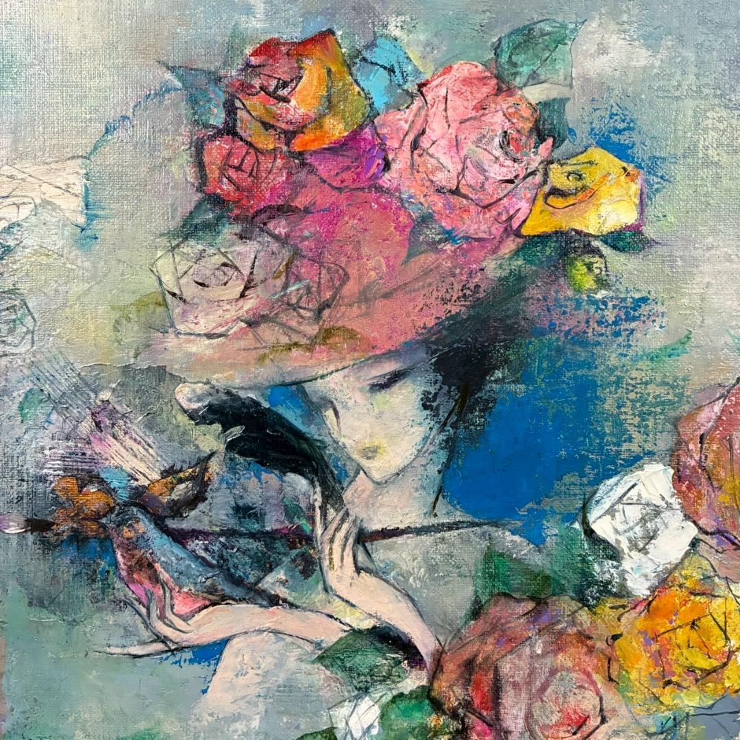 美品 山田幸見「筆と羽根と…」キャンバスに油彩 直筆サイン入 一枚の絵 豪華額装