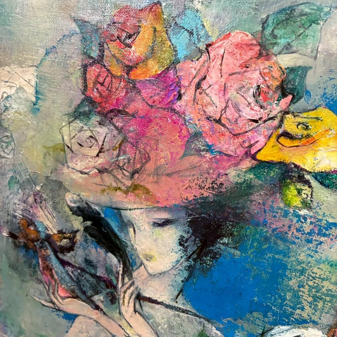 美品 山田幸見「筆と羽根と…」キャンバスに油彩 直筆サイン入 一枚の絵 豪華額装