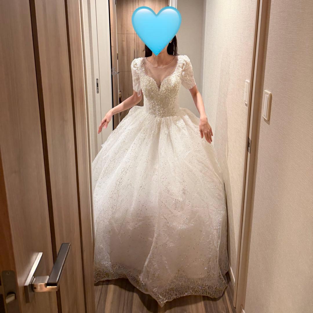 Aラインキラキラ韓国風ウェディングドレス
