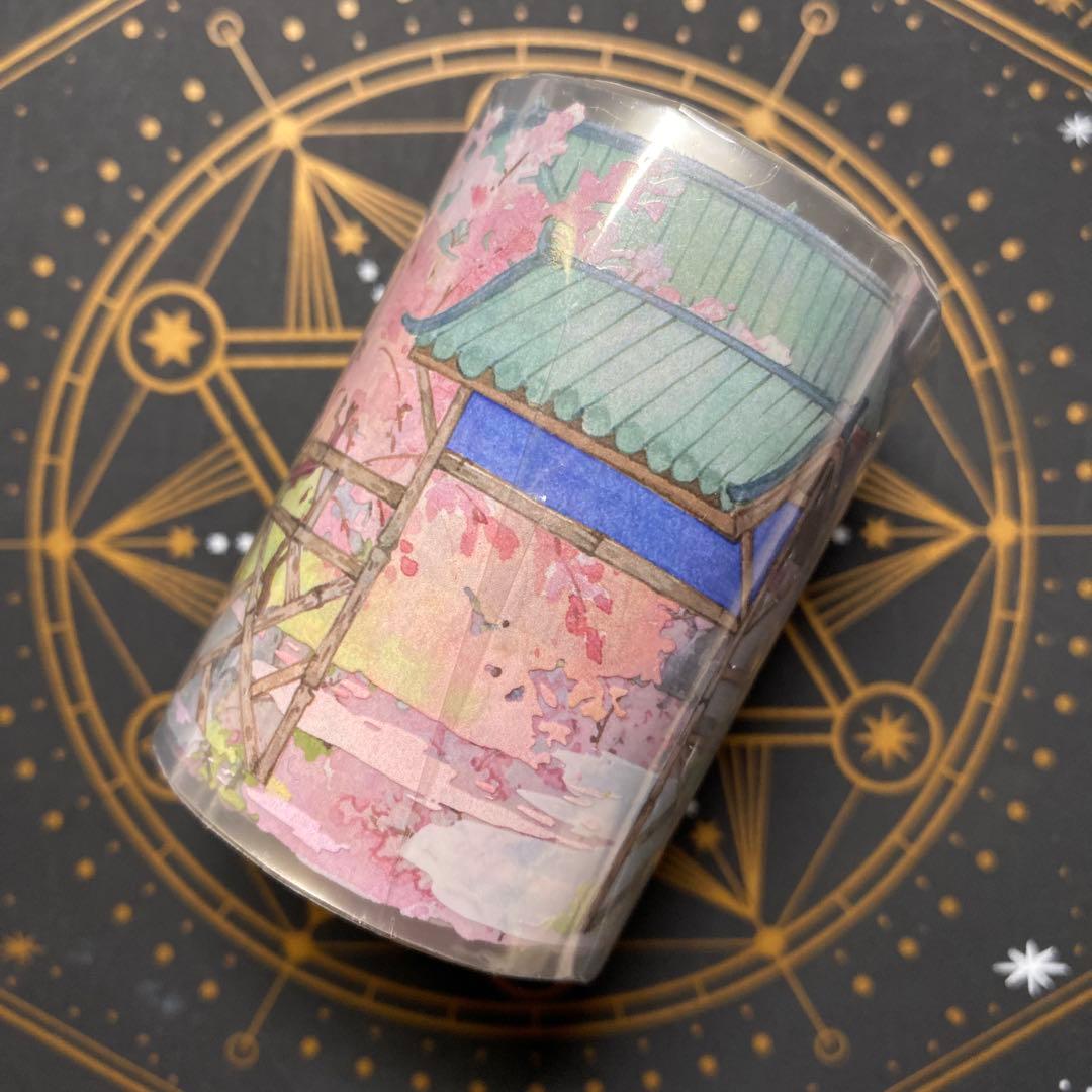 【9488】海外　5m巻　PETマスキングテープ春景色　東屋　ピンク　装飾背景系