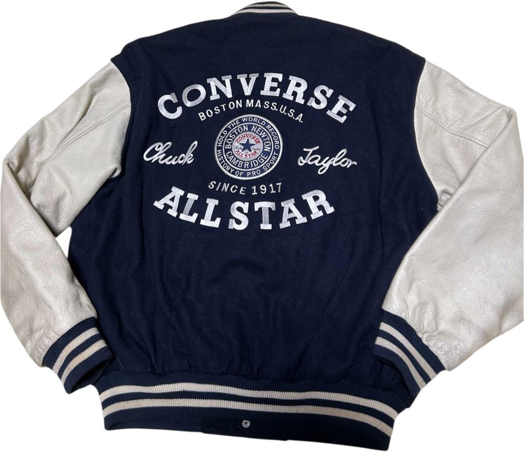 貴重CONVERSE ALL STAR 袖レザー牛革 スタジャン ネイビー M