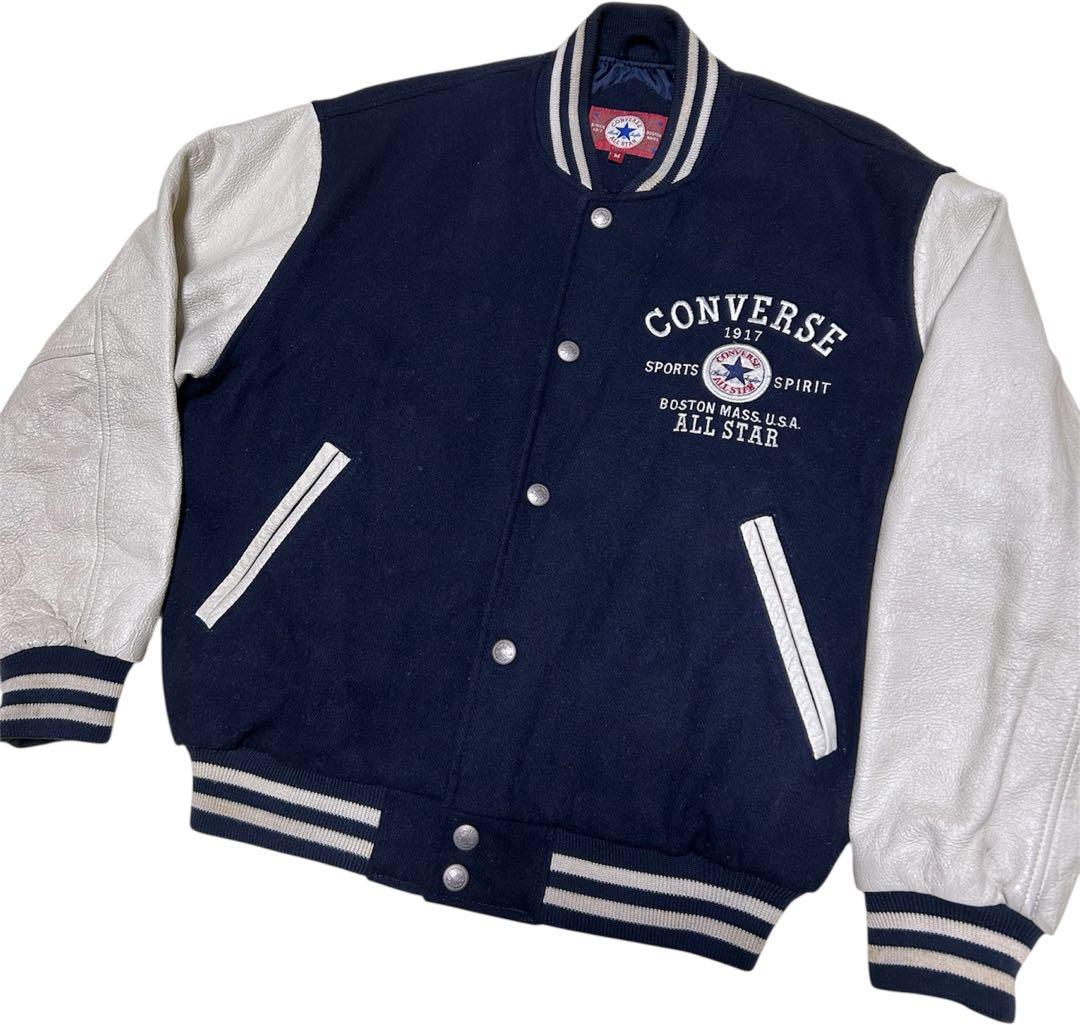 貴重CONVERSE ALL STAR 袖レザー牛革 スタジャン ネイビー M